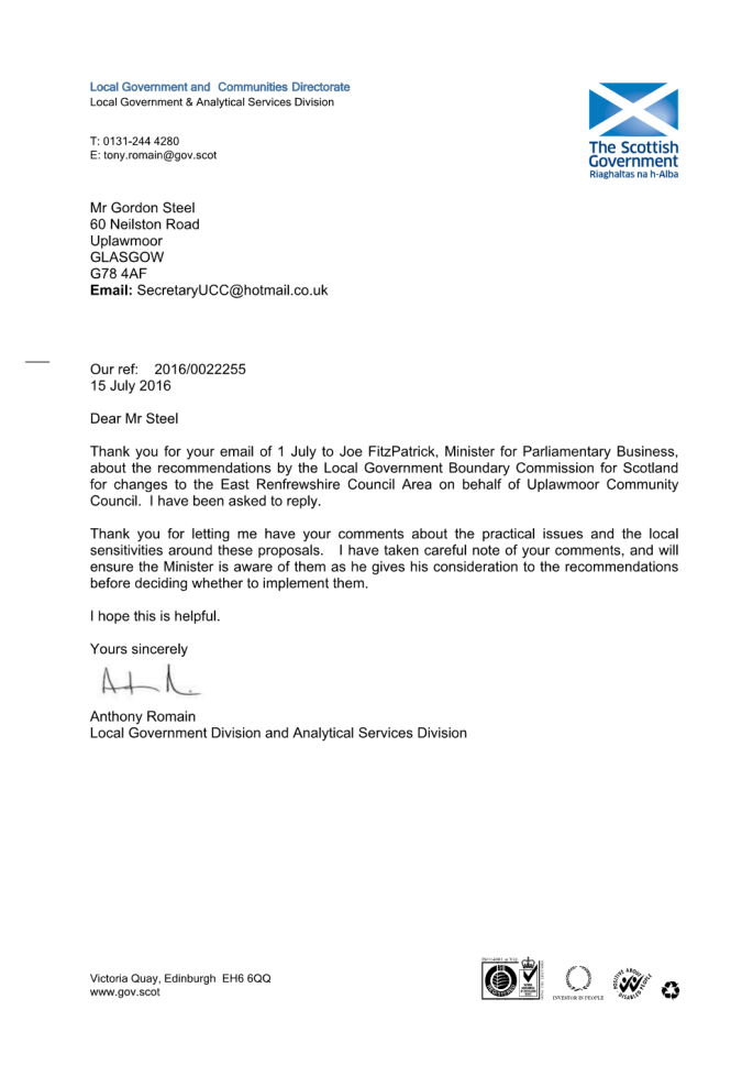 Reply to Boundery from Scottish Goverment